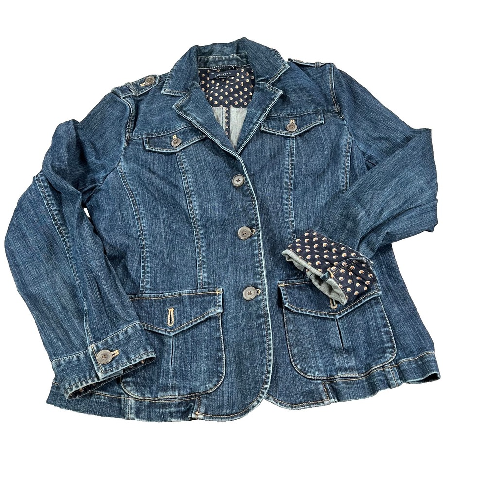 Lands'End women's denim jean jacket Floral accents Size 12 - Lots of Pockets